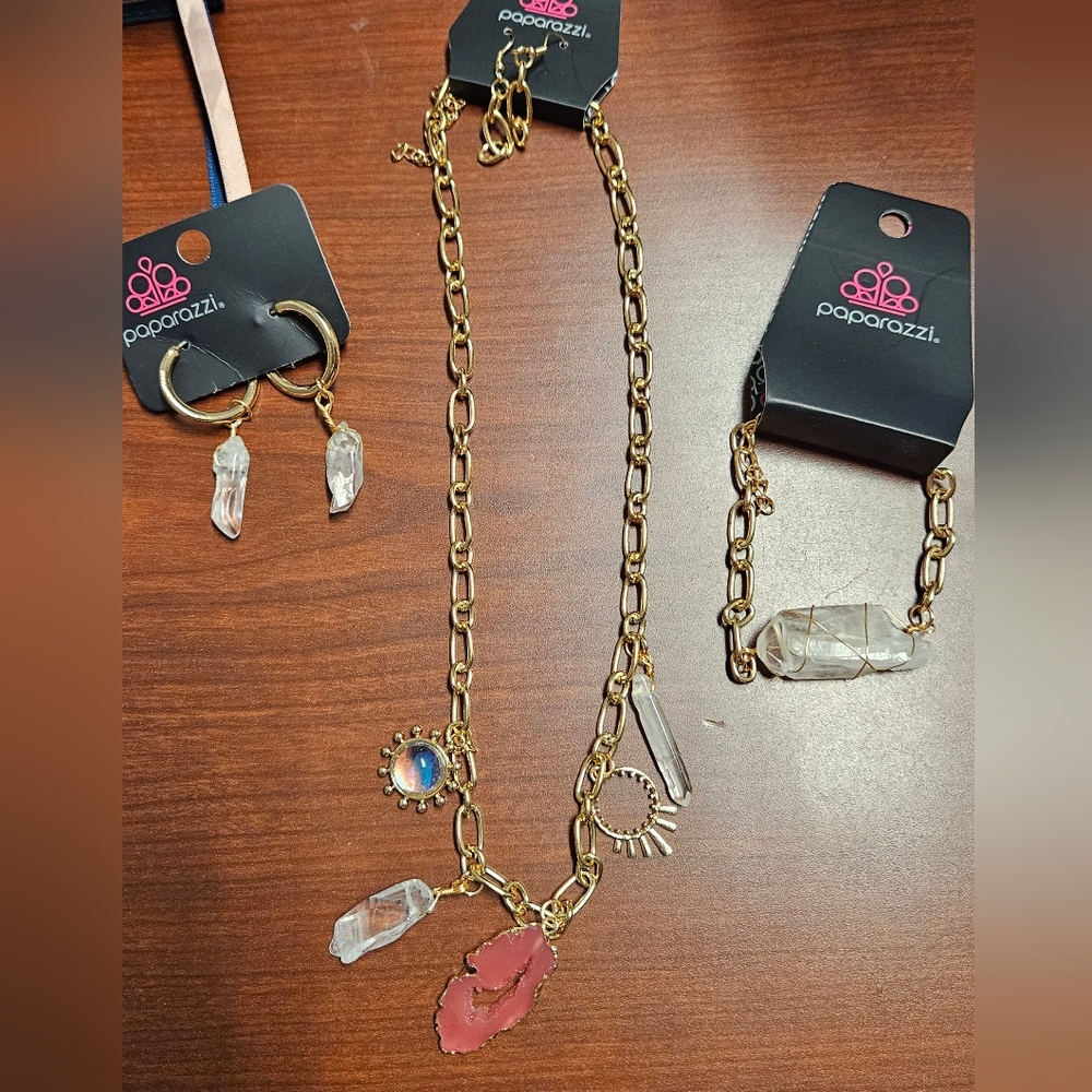 Paparazzi Gold Necklace and Earring Set with Crystal Accents